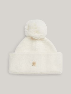 Pom Pom TH Monogram Beanie White Tommy Hilfiger