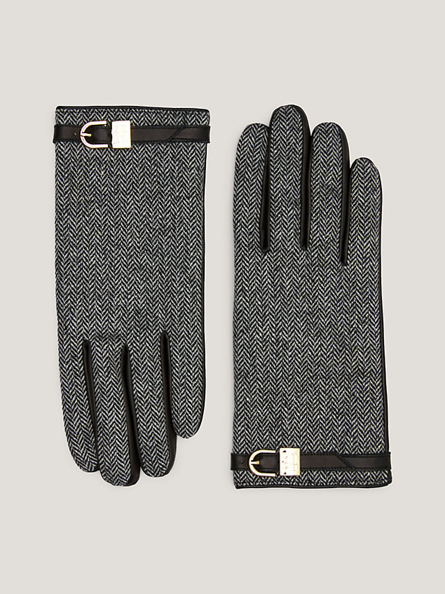 black leren handschoenen met visgraatmotief voor dames - tommy hilfiger