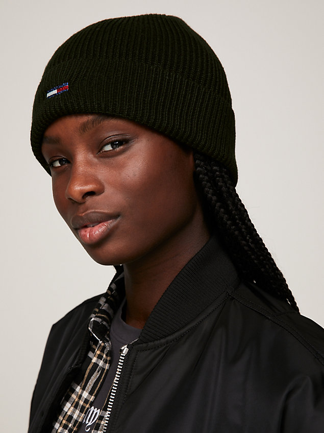 black rib-knit flag beanie for women tommy jeans
