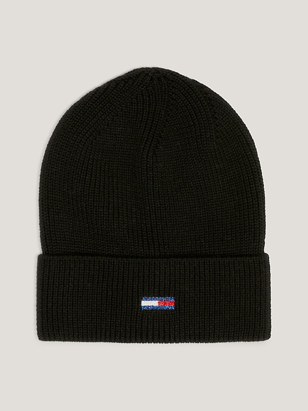 black rib-knit flag beanie for women tommy jeans