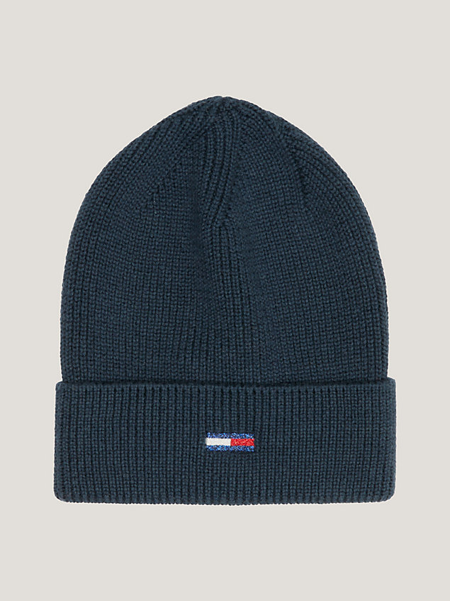 blue rib-knit flag beanie for women tommy jeans