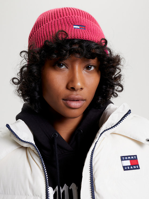 pink rib-knit flag beanie for women tommy jeans