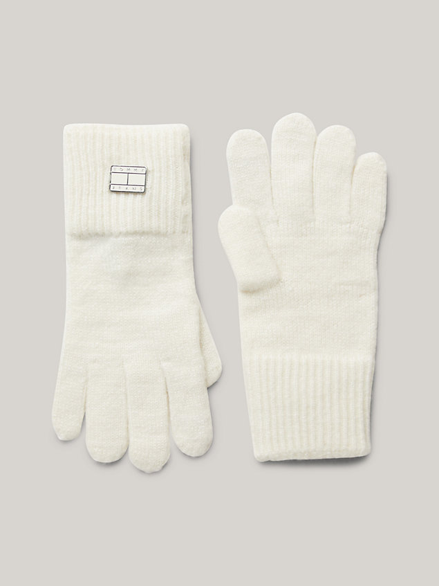 white cosy rib-knit cuff gloves for women tommy jeans