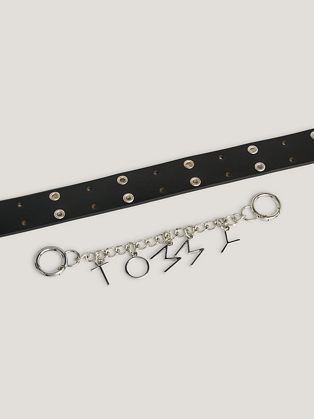 black double eyelet leather belt for women tommy jeans