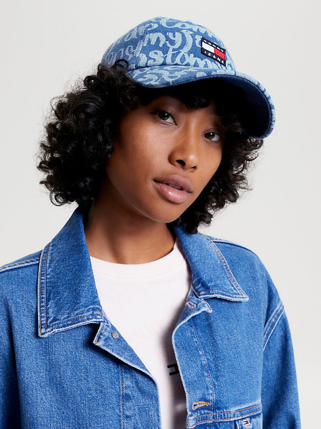 blue heritage spell-out denim baseball cap for women tommy jeans