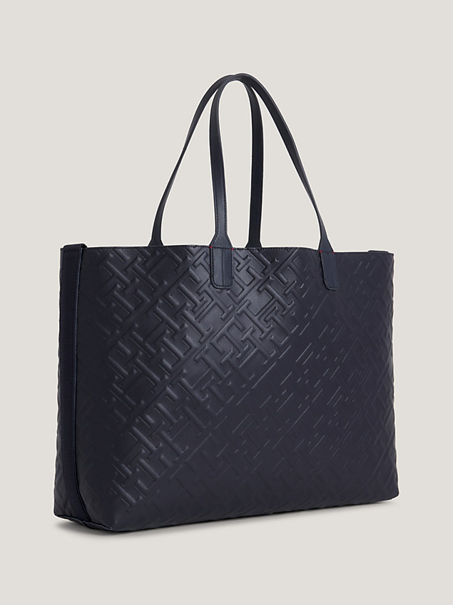blue iconic th monogram embossed tote for women tommy hilfiger