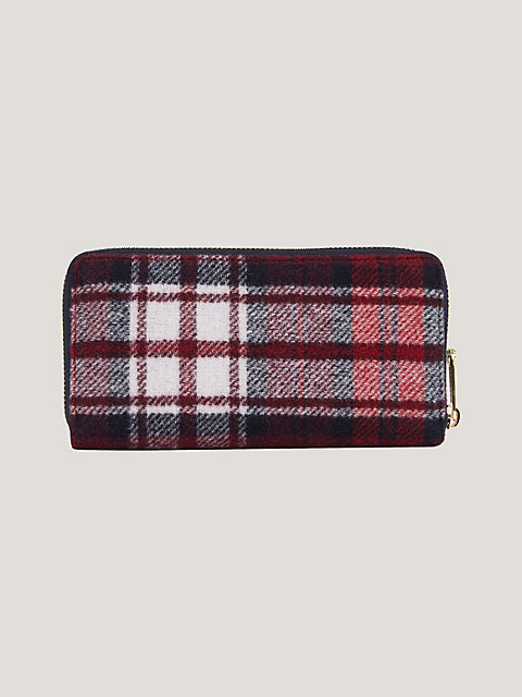blue iconic tartan check large zip-around wallet for women tommy hilfiger