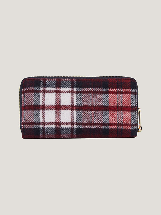 blue iconic tartan check large zip-around wallet for women tommy hilfiger