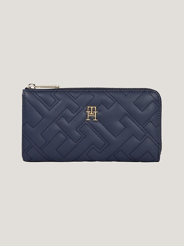blue th monogram soft large zip-around wallet for women tommy hilfiger