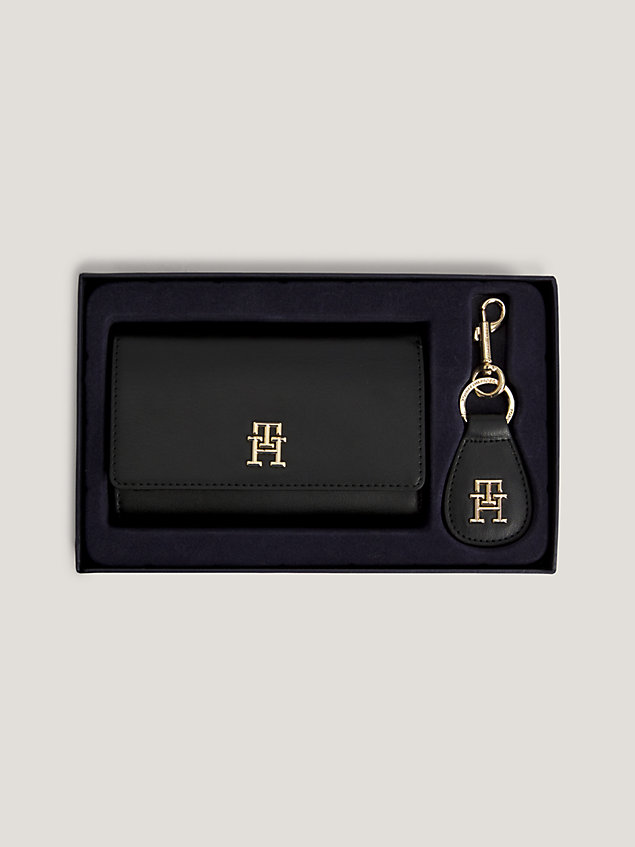 black cadeauset met portemonnee en sleutelhanger voor dames - tommy hilfiger