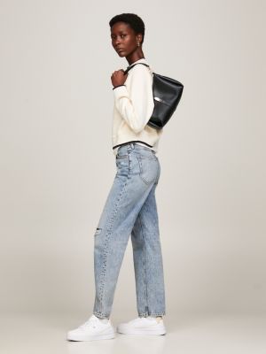 black hobo-schultertasche mit th-monogramm-horsebit für damen - tommy hilfiger