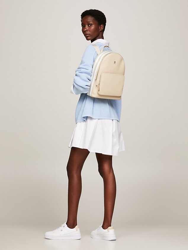 beige essential th monogram stripe backpack for women tommy hilfiger