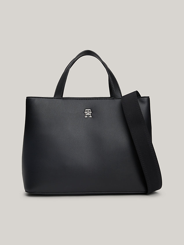 black essential kleine satchel mit th-monogramm für damen - tommy hilfiger