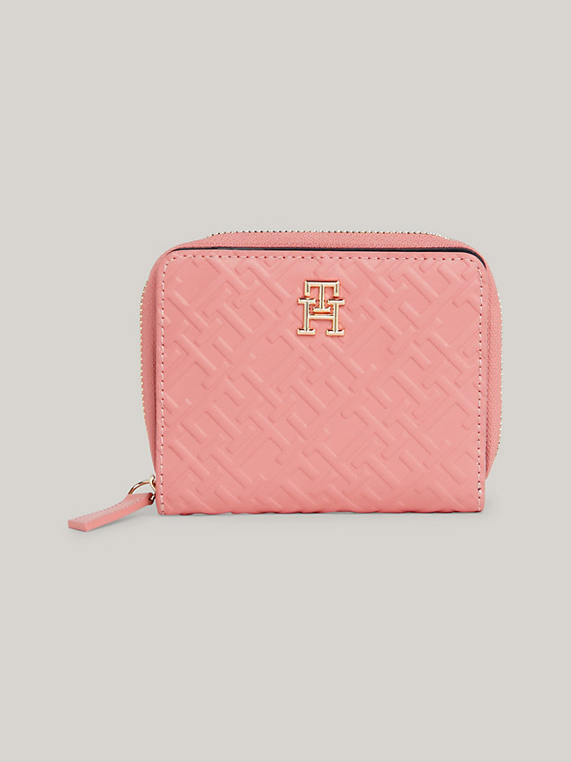 pink th monogram medium zip-around wallet for women tommy hilfiger