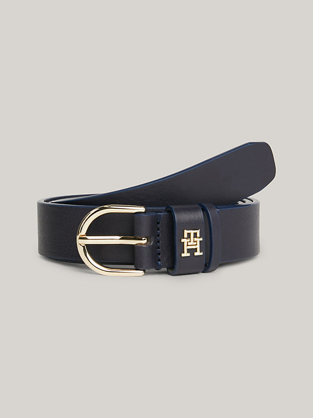 blue essential th monogram leather belt for women tommy hilfiger