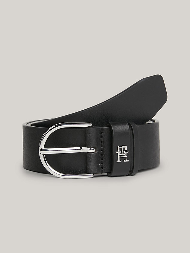 black essential th monogram leather belt for women tommy hilfiger