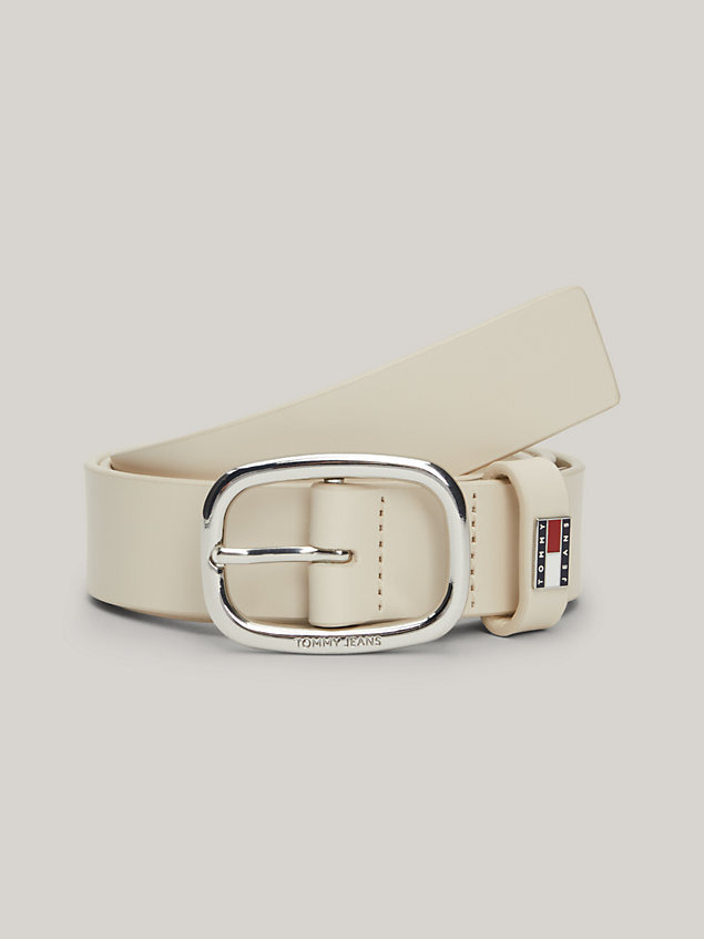 beige oval buckle logo leather belt for women tommy jeans