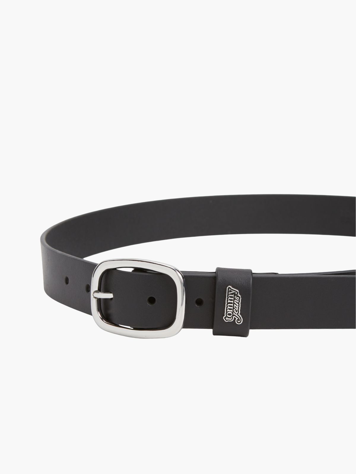 Leather Oval Buckle Logo Plaque Belt — Black