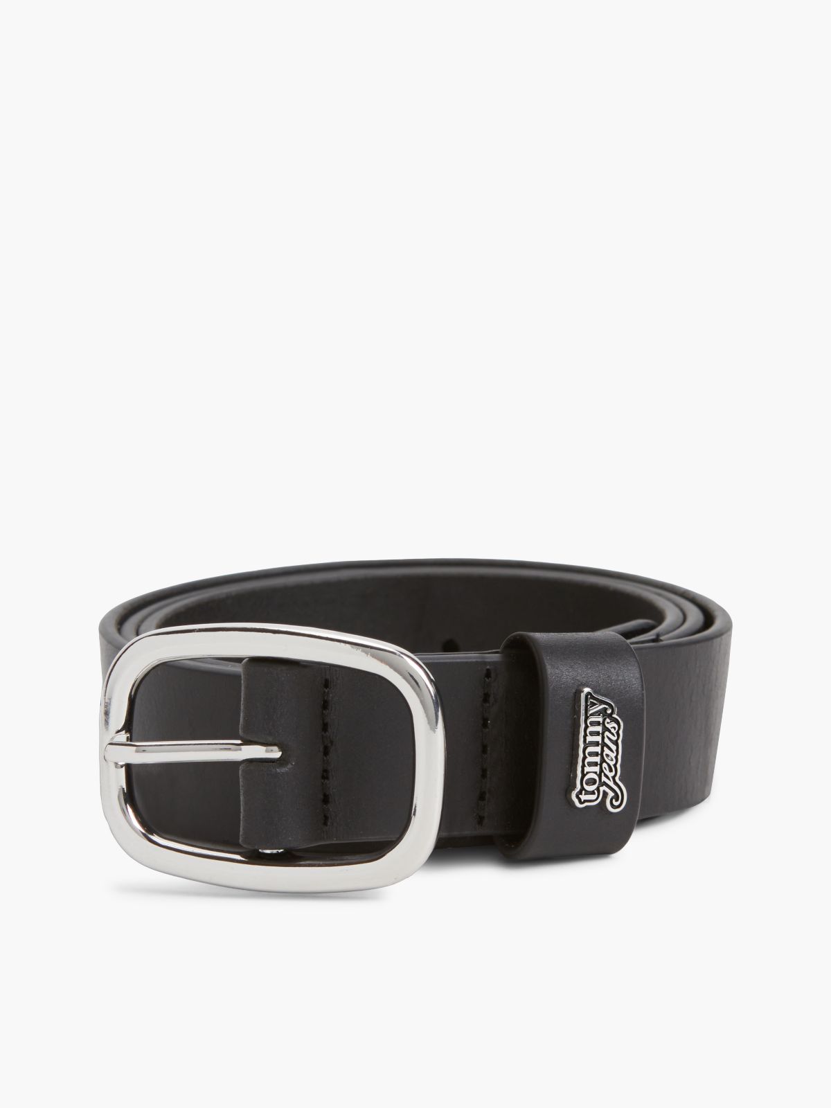 Leather Oval Buckle Logo Plaque Belt — Black