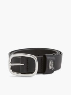 Leather Oval Buckle Logo Plaque Belt — Black 4