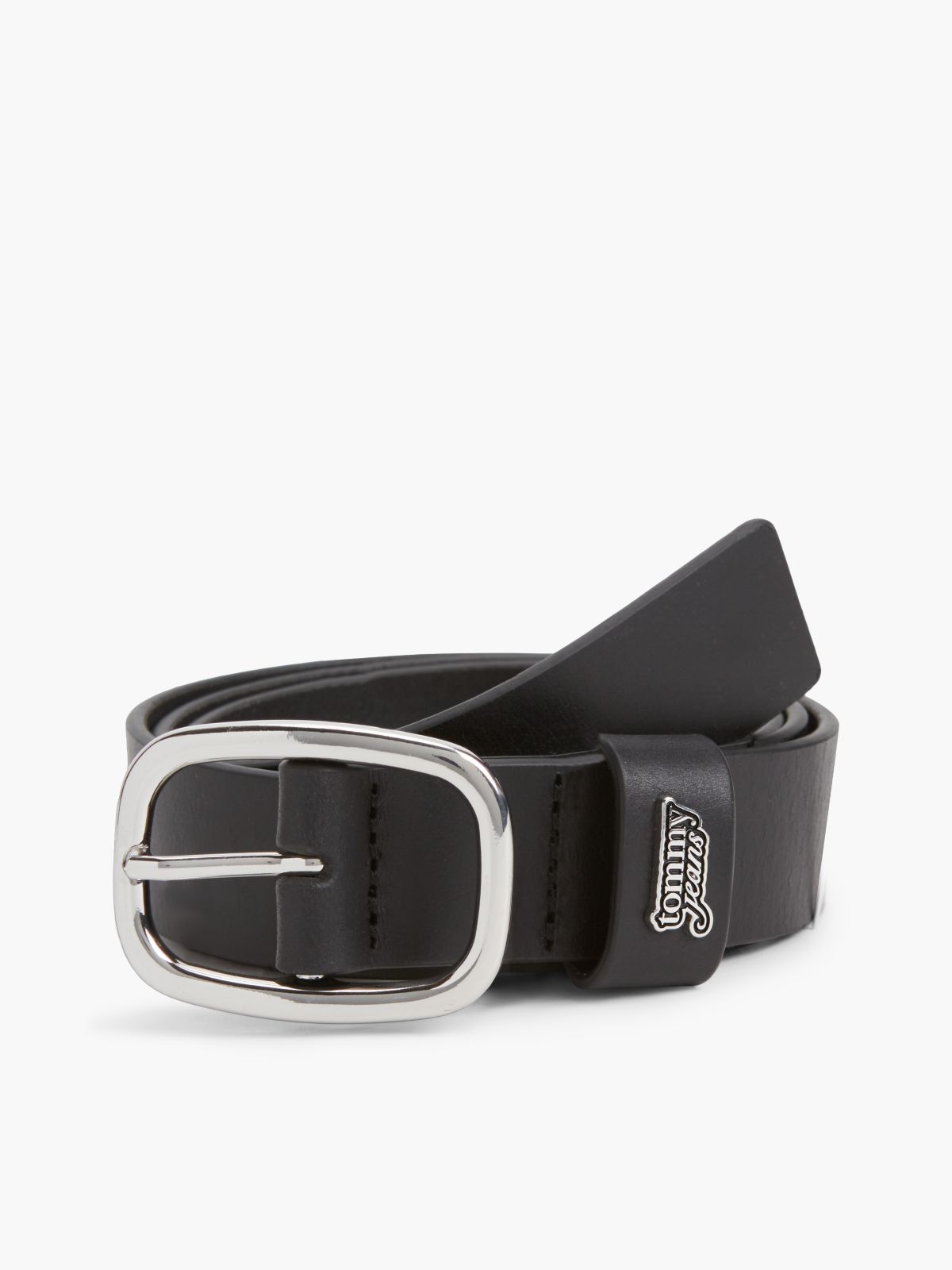 Leather Oval Buckle Logo Plaque Belt — Black