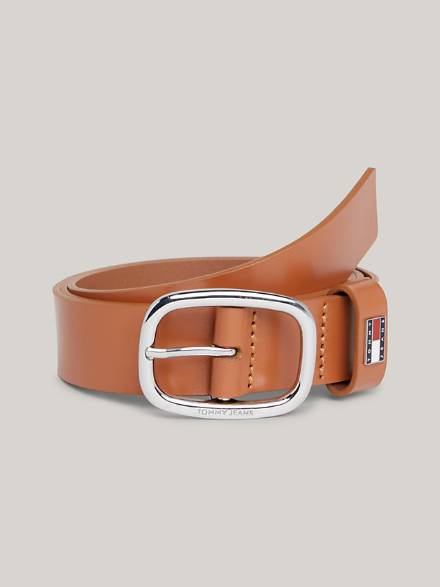 brown oval buckle leather belt for women tommy jeans