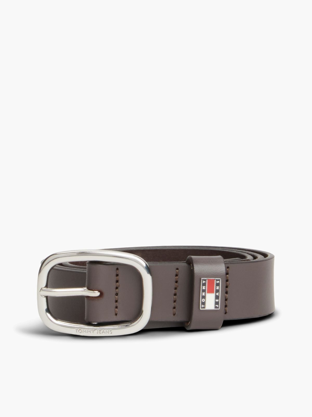 Leather Oval Buckle Logo Plaque Belt — Brown