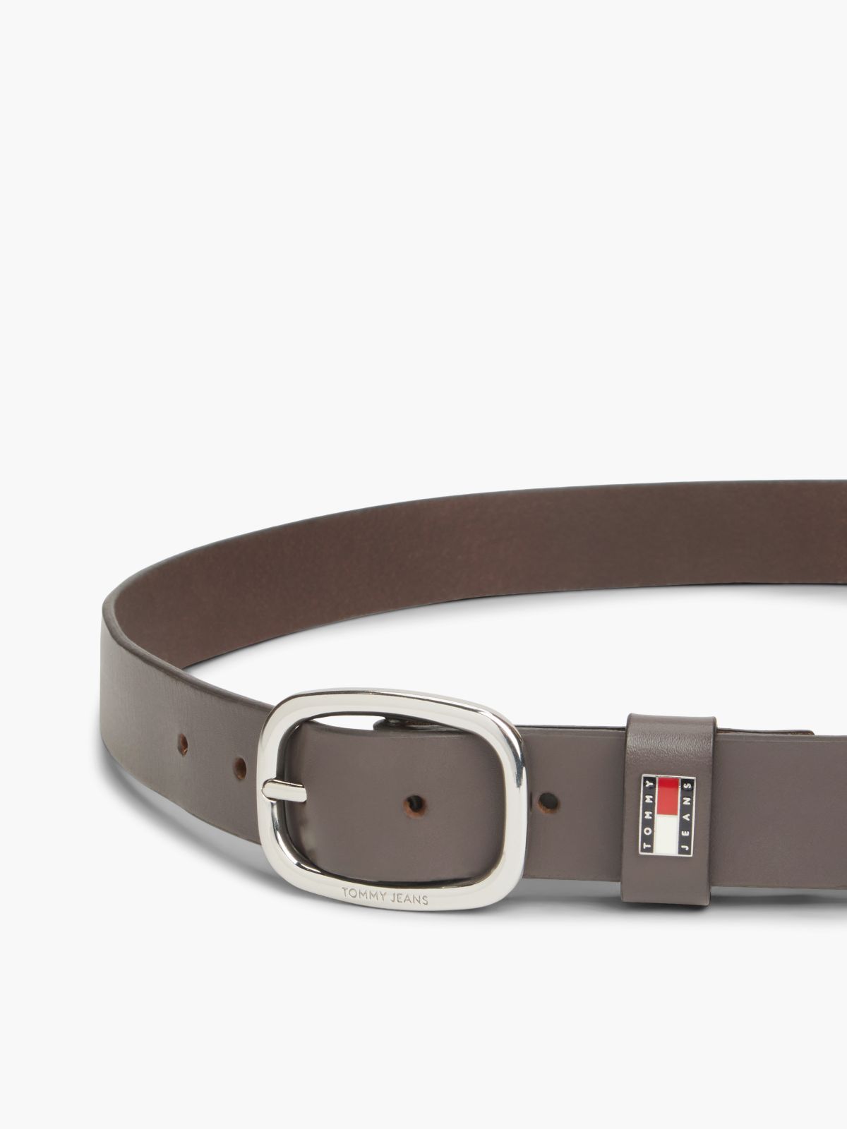 Leather Oval Buckle Logo Plaque Belt — Brown