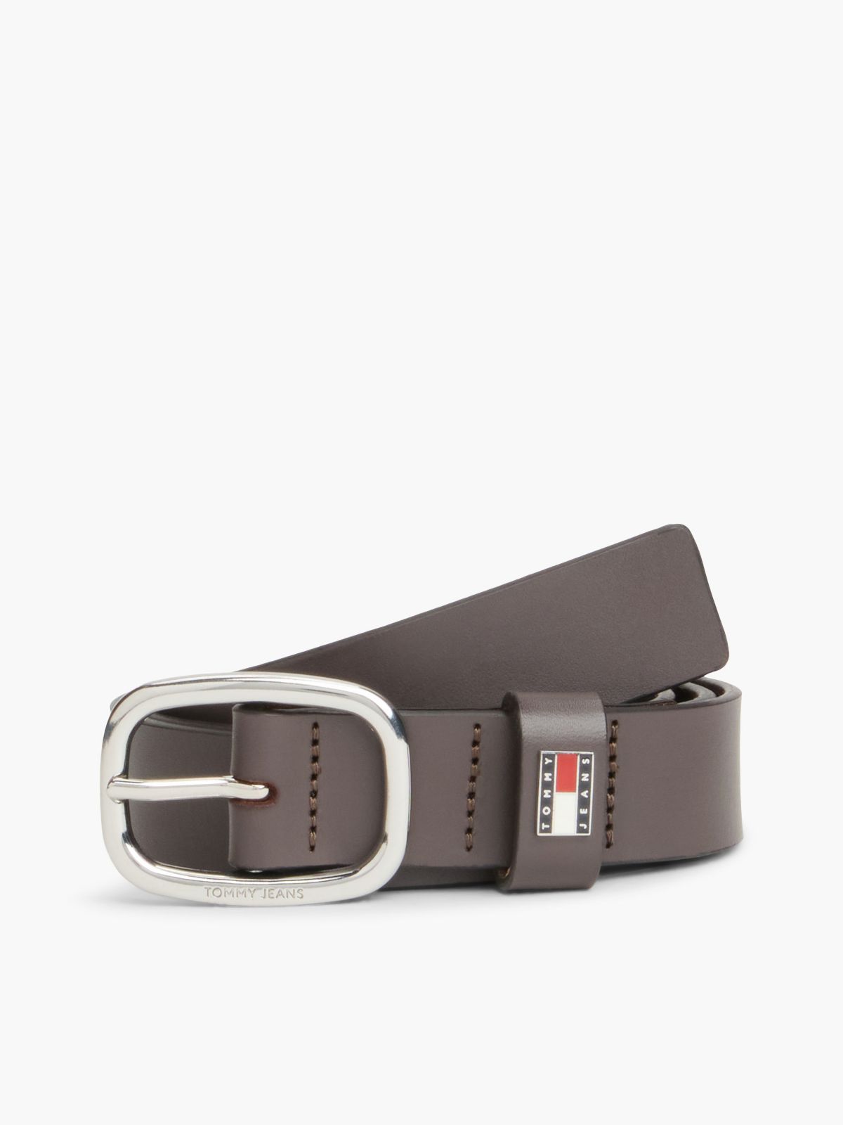 Leather Oval Buckle Logo Plaque Belt — Brown