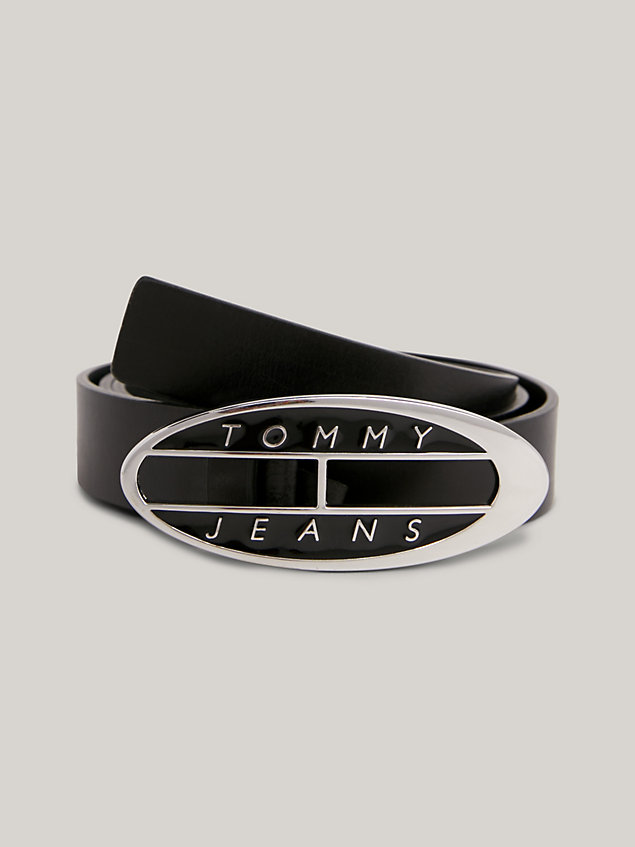 black ledergürtel mit origin-emblem-schnalle für damen - tommy jeans
