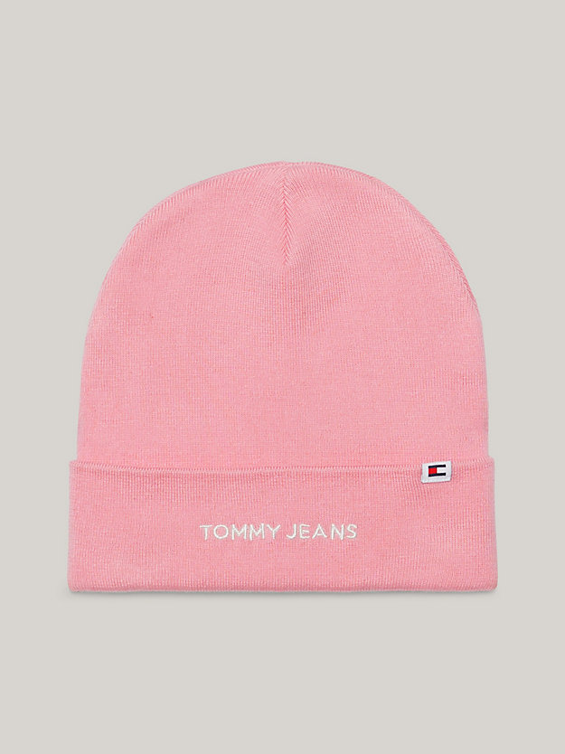 pink logo knit beanie for women tommy jeans