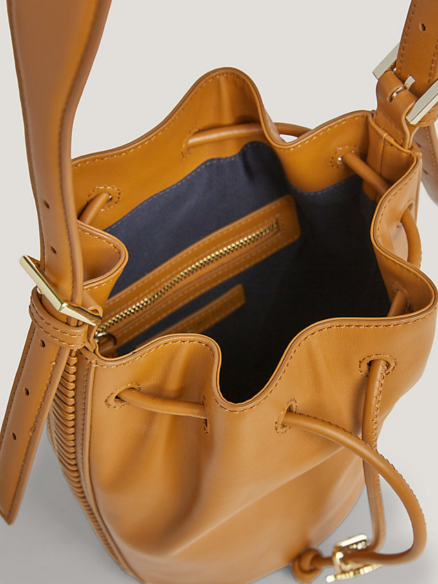 brown leather crest drawstring bucket bag for women tommy hilfiger