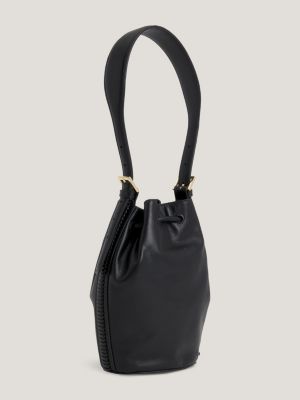 Black Bucket Bag in Leather and Wool Drawstring Bag Medium 