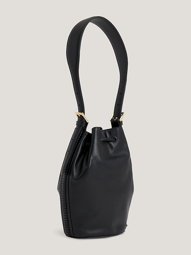 black leather crest drawstring bucket bag for women tommy hilfiger
