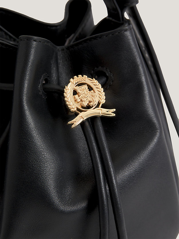 Leather Crest Drawstring Bucket Bag | Black | Tommy Hilfiger