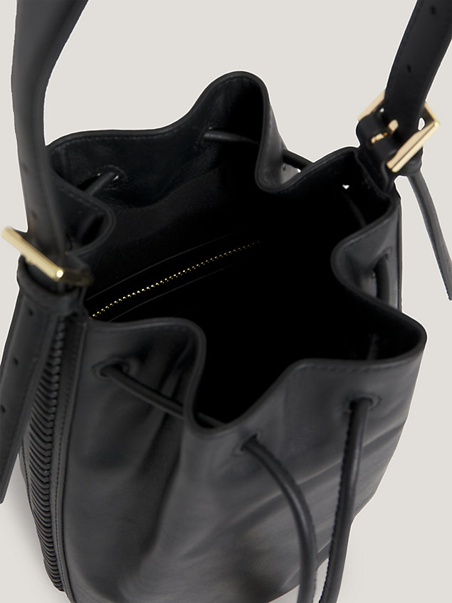 black leather crest drawstring bucket bag for women tommy hilfiger