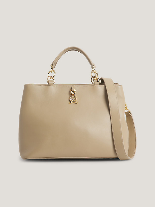beige luxe leather crest charm satchel for women tommy hilfiger