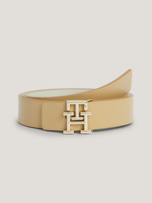 beige th monogram reversible buckle leather belt for women tommy hilfiger