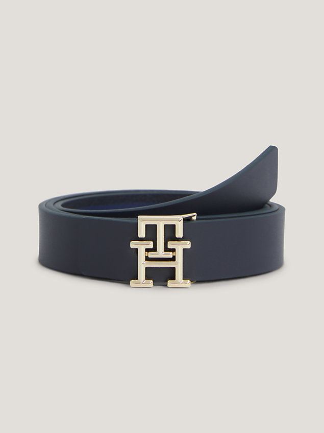 blue th monogram reversible buckle leather belt for women tommy hilfiger