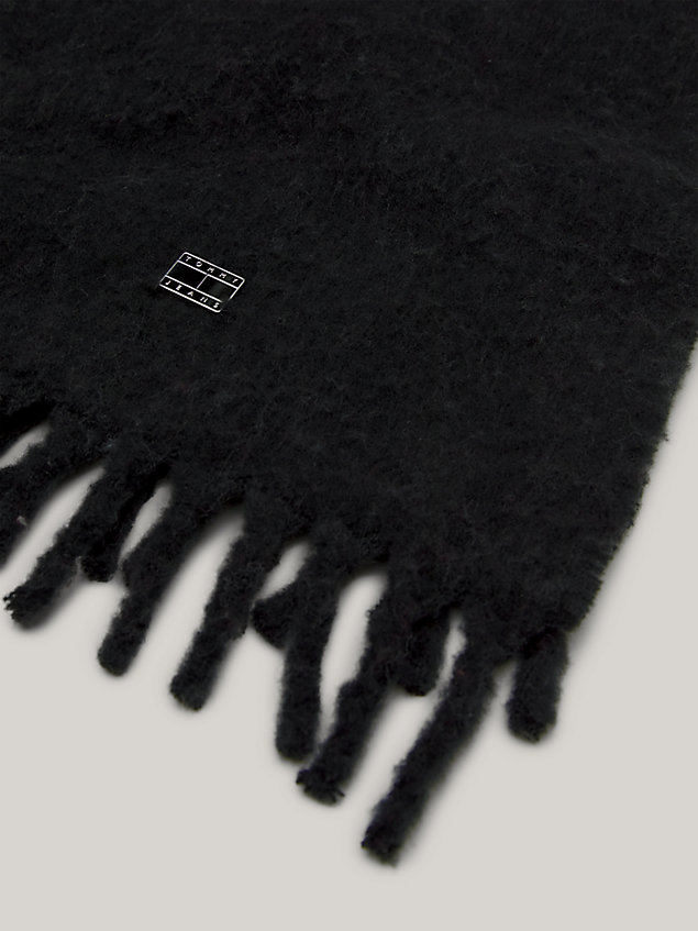 black cosy fringing wool blend scarf for women tommy jeans