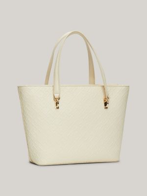 beige kleine tote-bag mit th-monogramm-prägung für damen - tommy hilfiger