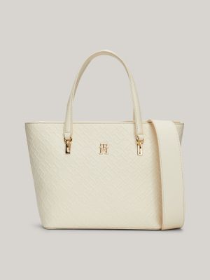 beige kleine tote-bag mit th-monogramm-prägung für damen - tommy hilfiger