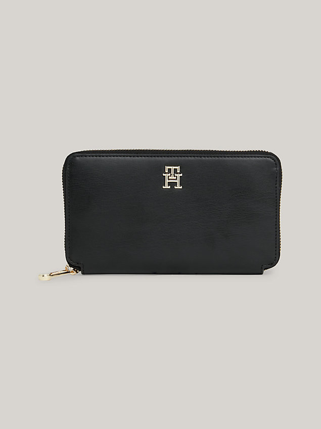 black iconic large zip-around wallet for women tommy hilfiger