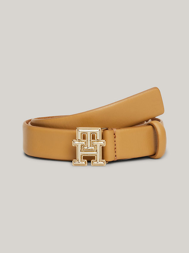 beige th monogram plaque buckle leather belt for women tommy hilfiger