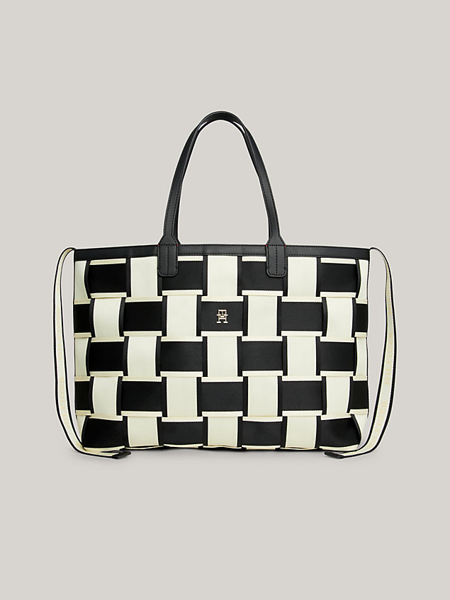 black iconic contrast weave tote for women tommy hilfiger