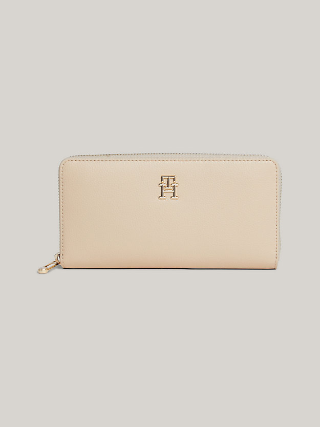 beige essential th monogram large zip-around wallet for women tommy hilfiger