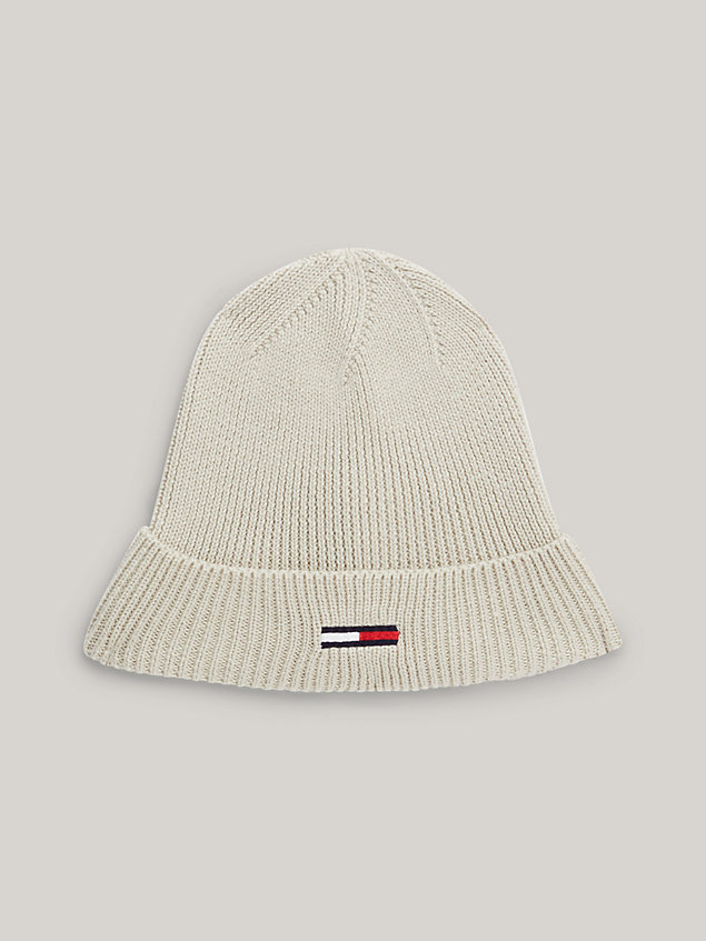 beige ribbed elongated flag beanie for women tommy jeans