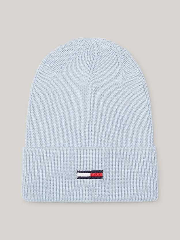 blue ribbed elongated flag beanie for women tommy jeans