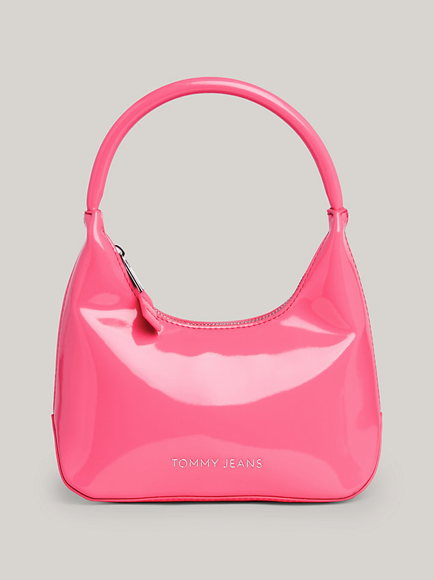 pink essential patent metallic logo shoulder bag for women tommy jeans