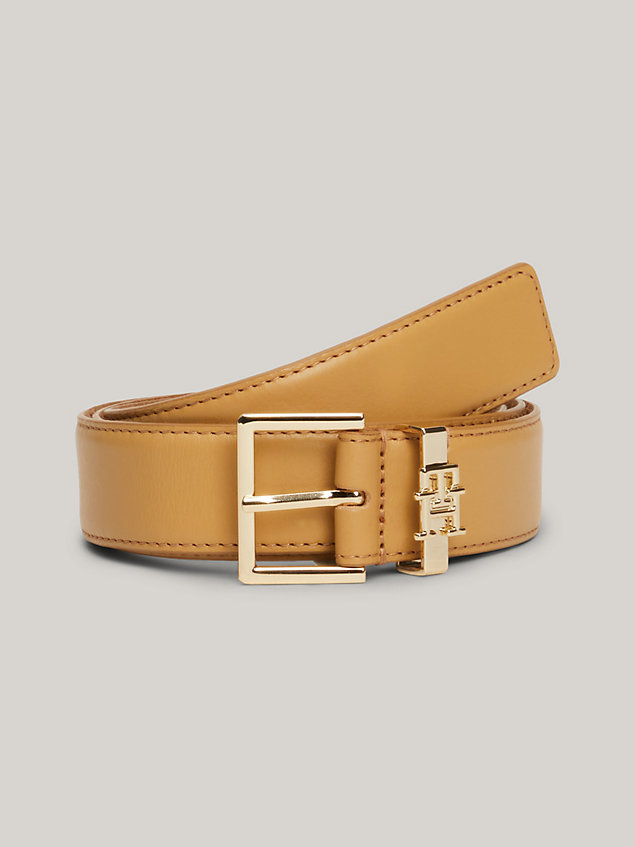 beige th monogram leather square buckle belt for women tommy hilfiger